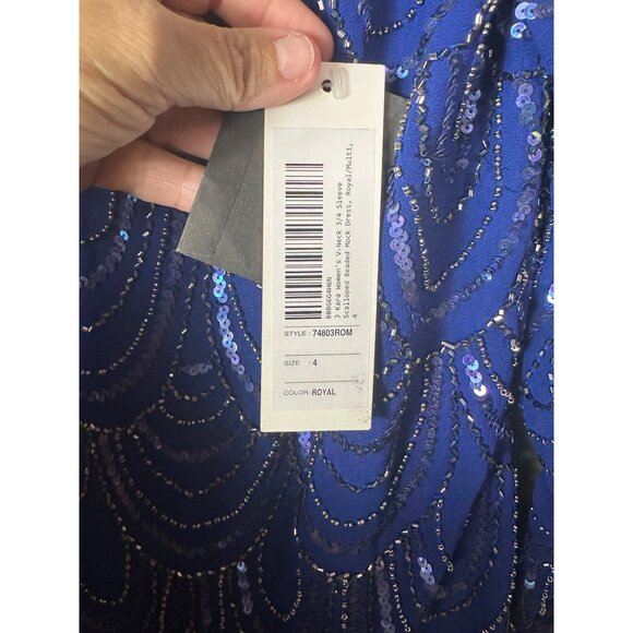 NWT J Kara Women's V-Neck 3/4 Sleeve Scalloped Beaded Mock Dress, Royal/Multi, 4 - Picture 5 of 8